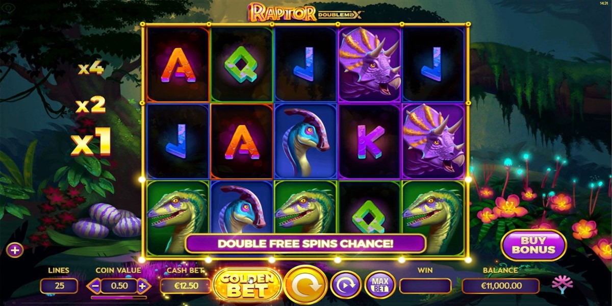 Raptor DoubleMax free spins round with roaming wilds and increasing multipliers up to 128x