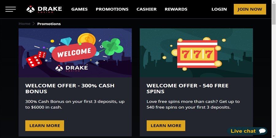 Drake Casino bonuses